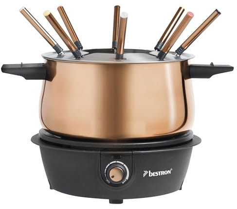 Bestron elektrische Fondue Set für bis zu 8 Personen, mit 8x Fonduegabeln & stufenlosen Thermostat, inkl. Spritzschutz, Farbe: Kupfer