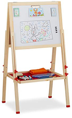 Relaxdays Standtafel Kinder, Whiteboard und Kreidetafel, höhenverstellbar, Aufsteller Holz, 102-135 x 55 x 52 cm, natur, Hellbraun, Weiß, Dunkelgrün
