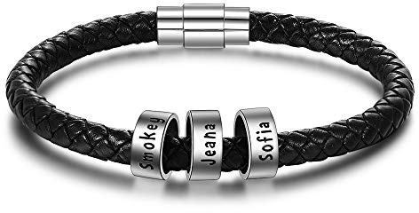 Personalised Leather Mens Bracelets Silver Name Beads Charm Bracelets for Dad Hand Stamped Custom Father Engraved 1 to 5 Family Name ID Identity Braid Bracelet