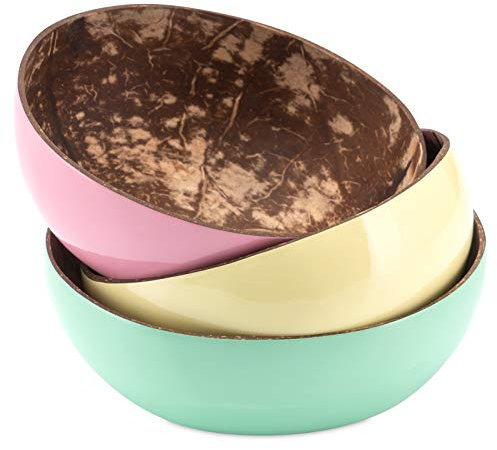 Decorasian Lot de 3 bols en noix de coco véritable - Bol en noix de coco - Intérieur poli - Extérieur laqué décoratif - Rose, menthe, jaune