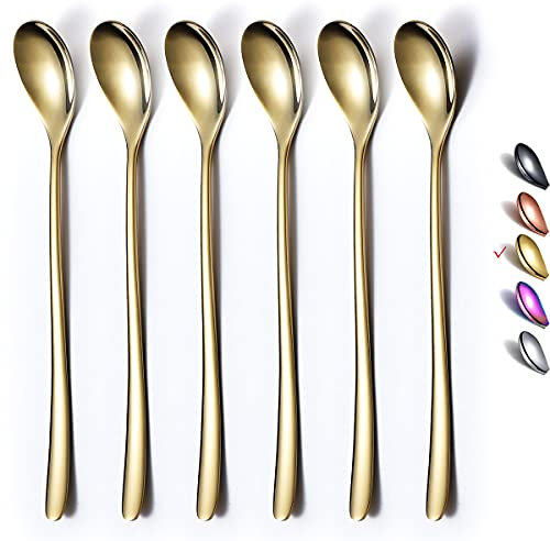HOMQUEN Goldener Löffel Mit Langem Griff, Kaffeerührer, Premium-Edelstahl-Kaffeelöffel, Eisteelöffel, Eislöffel, Cocktail-Rührlöffel, Teelöffel, 6Er-Set (Gold)