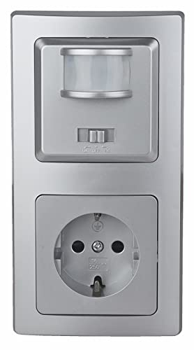 ChiliTec Bewegungsmelder 160° Delphi Unterputz Steckdose Kombi Silber Grau | 230V~, Schutzkontaktsteckdose 2-fach, 2-Draht PIR Sensor, Anschluss ohne Nullleiter, 2-fach Rahmen