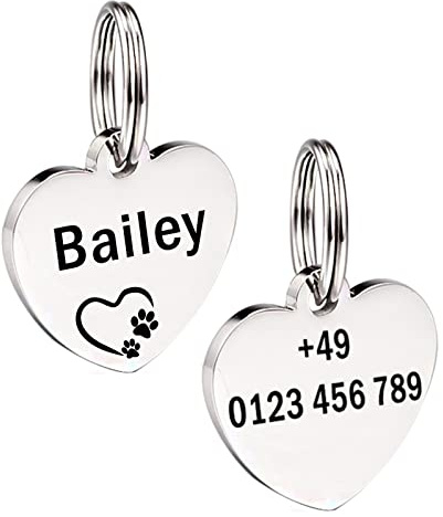 Herz Hundemarke mit Gravur Hundeanhänger Adressanhänger Tiermarke aus Edelstahl Personalisiert ID Tag Namensschild für Halsband mit Name, Symbol und Telefonnummer (L, Silber)