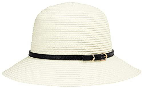 Caspar HT024 eleganter großer Damen Sommerhut Glockenhut mit breiter Krempe und schmalem Gürtelband, Farbe:creme weiss, Accessoires:One Size