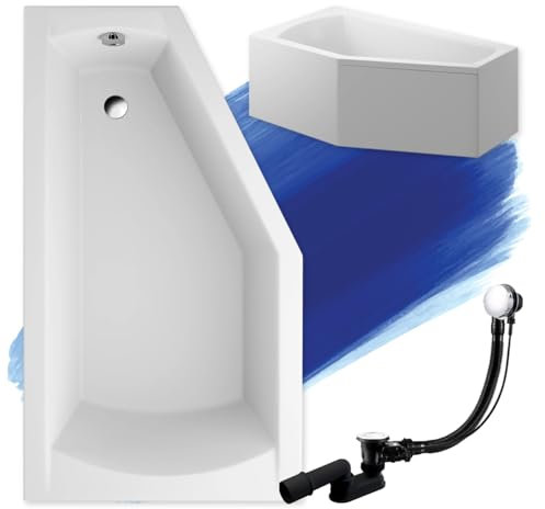 BADLAND Badewanne Original Weiß Acryl Wanne Eckbadewanne SELENA 150x90 Links KOMPLETTSET SET mit Weiß Acrylschürze + Füßen und Exklusive Chrom Automatik Ablaufgarnitur Made in EU 4in1
