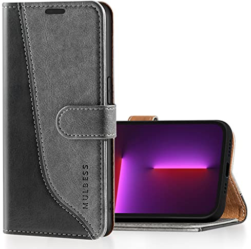 Mulbess für iPhone 13 Pro Hülle, Handyülle Leder mit Kartenfach, Klapphülle mit Magnetverschluss, Flip Case Etui Handytasche Schutzhülle, Stilvoll Grau