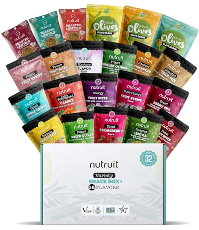 Nutruit Gourmet Healthy Snacks - 32 Pack MEGA Variety Box (12-14 Flavors) - Vegan, Gluten Free, Non-GMO Bulk Snacks - Kosher, High Protein, High Fiber, Plant-Based Healthy Snack - 1.2oz Packs