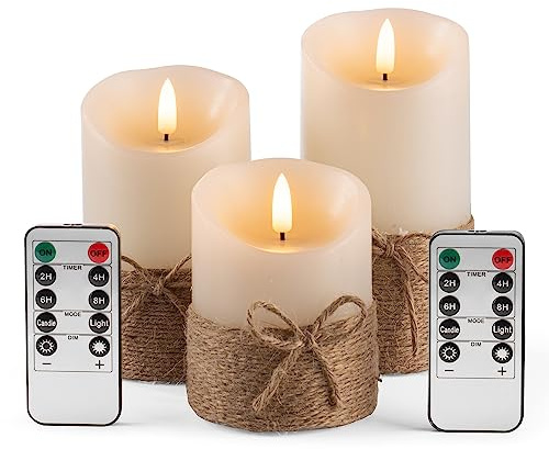 AKU TONPA Flameless Candles Battery Operated Pillar Real Wax Electric LED Candle Gift Set with Remote Control and Timer, 4 5 6 Pack of 3 (Ivory Wax with Hemp Rope)
