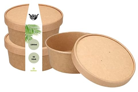 DeinPack 50 Salatschalen 1300ml | to go Schalen mit Deckel braun rund I Recycelbare Schalen Kraftkarton | Salatbowl mit PLA Innenbeschichtung I Kraft Deckel