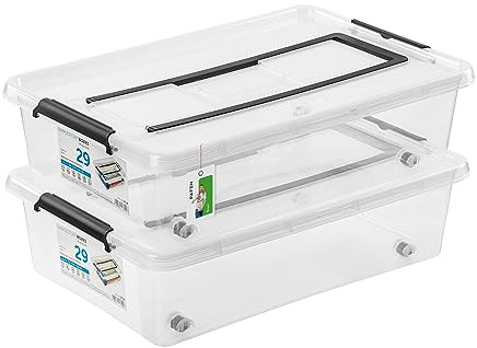 PAFEN 2x Unterbettkommode Aufbewahrungsbox 29L mit Rollen und Griff - 38,5 x 16 x 57,5 cm - Transparent Boxen Aufbewahrung Stapelboxen mit Verschlussclips Kunststoffbehälter