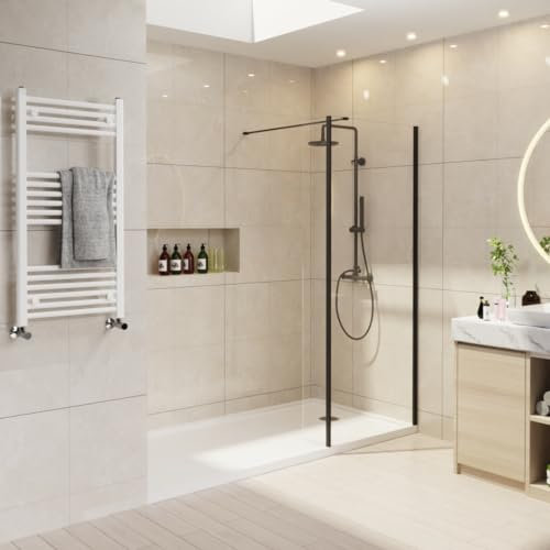 NRG 760mm Matte Black Framed Wet Room Shower Screen Panels 8mm Easy Clean Glass with 215mm Return Panel