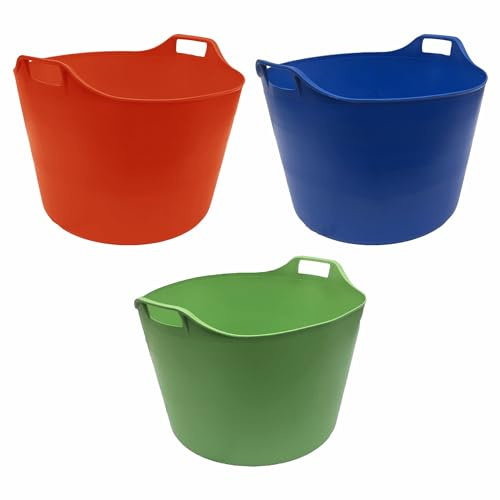 Set of 3-75 Litre Flexi Tub Extra Large Rubber Storage Container Washing Basket Trug Flexible Colour Bucket Flexi Large Round bucket (Lime Green, Orange & Blue) MADE IN U.K.