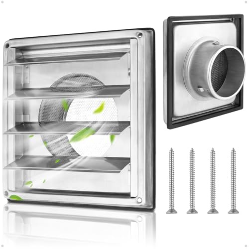 Yooler Ø100mm Edelstahl Lüftungsgitter mit Rückschlagklappe, Insektenschutzgitter, Bewegliche Lamellen, Gehäuse Lüftungsgitter Für VMC-Rohr und Abdeckung Dunstabzug Außen Mit Kautschuk-Dichtung