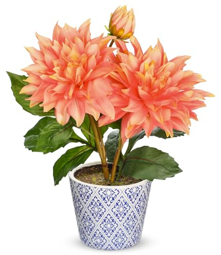 Hollyone Kunstblume Dahlie im topf, Orange Dahlien Künstlich Wie Echt Deko Blume mit Topf Seidenblume für Fensterbank Haus Bad Büro Tisch Dekoration