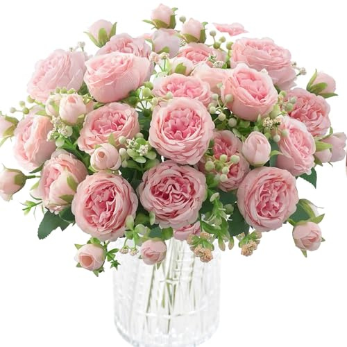 HNNFMY 4 Bunches Peony Artificial Flowers Pink Flowers,Silk Peonies Bouquets,Fake Peony Floral Bouquet Wedding, Faux Silk Flower for Outdoor Party Table Centerpieces Floral Arrangement DIY Decor