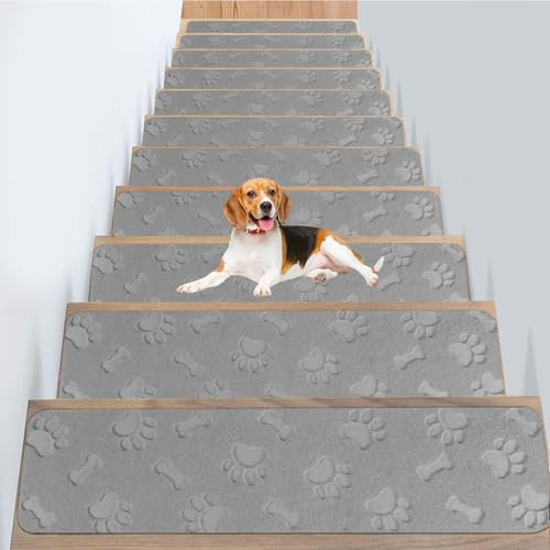 Hearda Treppenstufen Matten, Hundefußabdruck Jacquard 76x20cm Treppe Treppenteppich, Stufenmatten 5/10/15 Stück, Treppenteppich Selbstklebend, Antirutschmatte Innenbereich (Grau,15 pc)