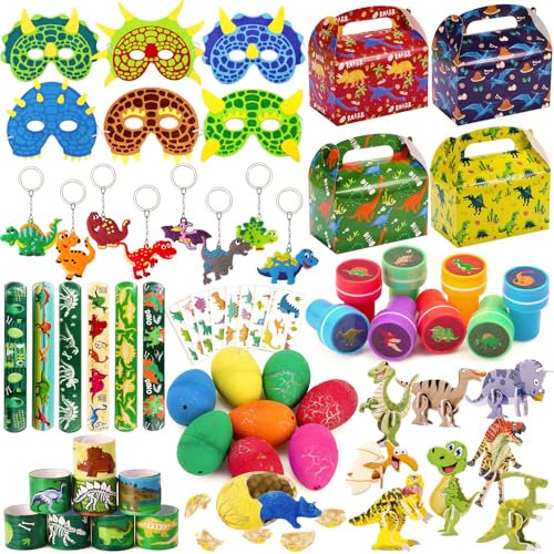 Dinosaurier Party Mitgebsel Kindergeburtstag Geburtstagsgeschenke Dinosaurier Puzzle Spielzeug Slap Armband Maske Dino Eier Schlüsselanhänger Stempel Aufkleber Geschenkbox für Junge Dino Mitbringsel