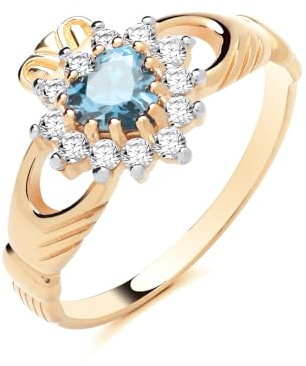 Old English Jewellers 9ct Yellow Gold on Silver Aquamarine & CZ Irish Claddagh Ring Love Loyaly & Freindship size J to U (T)