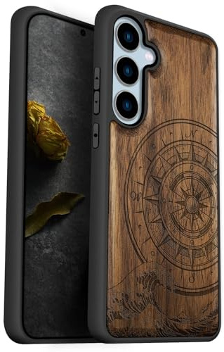 Carveit Coque Bois pour Samsung S24 FE, (Noyer-Boussole Vagues) | [Pare-Chocs en TPU Souple] Coque de Protection Téléphone Antichoc Compatible avec Samsung Galaxy S24 FE Étui Bois