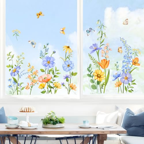 Tanlaby Fensterbilder Blumen Fensteraufkleber Sommer Frühling Wiesenflor Bunt Fenster Abziehbilder Pflanzen Fenstersticker Anti-Kollision Glasaufkleber für Fenster Glas Tür Deko
