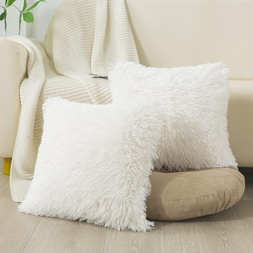 DJDEA Housse de Coussin Fourrure Moelleux 65 x 65 cm, Lot de 2 Super Doux Housse Coussins de Canapé avec Fermeture éclair, Décoration Housse Coussin Canapé Canape Salon Chambre (Beige)