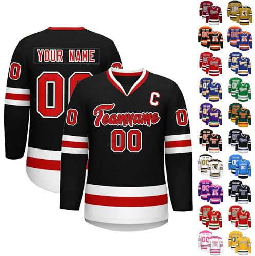 KONG JIMFAN Eishockey Trikot Personalisiertes,Hockey Kostüm für Erwachsene Lose Atmungsaktiv Hockey Trikots Individuell Bedruckt Namen Nummer Logo & Teamname,Sporttrikot für Mannschaften(#A Black)