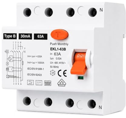Disjoncteur différentiel FI 63 A 30 mA 4 pôles type B | Certifié VDE | Disjoncteur différentiel sensible | Pour boîtes murales et stations de charge | Fusible RCD