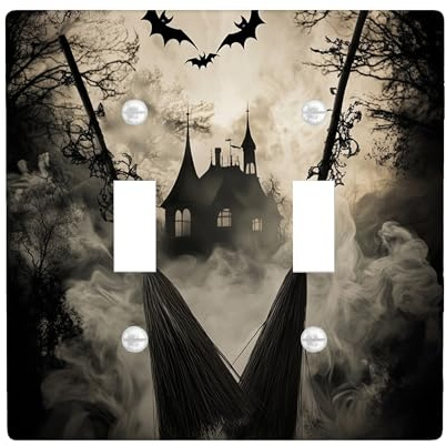 Halloween Witch Magic Broom Decorative Light Switch Cover Wall Plate 2 Gang Double Toggle, Horror Scary Vintage Haunted House Electrical Switchplate Spooky Electrical Faceplate for Bedroom Room