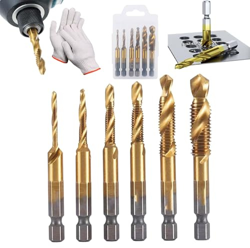 3 in 1 Spiral Tap Hex Shank Drill Bit Set, Metric Combination Threading Tools Kit,M3/M4/M5/M6/M8/M10 Drill Bits High Speed Steel, Professional Thread Tap Drills Bit Set (Long Gold)