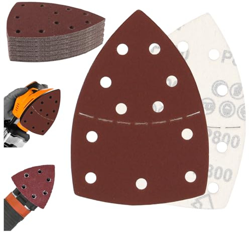 BEASAFY Juego de 50 piezas de papel de lija para lijadora delta de 108 x 151 mm, papel de lija multijadora de 11 agujeros, hojas de lija triangulares con velcro para Bosch, almohadillas de lijado para