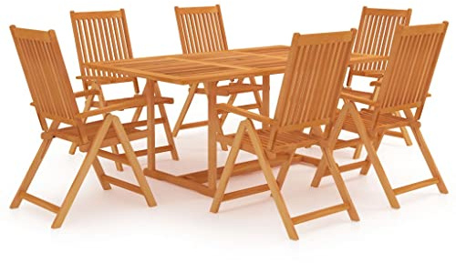 QJBSAVVA 7-TLG. Teakholz Gartenmöbel Set 150x90 Tisch mit Klappstühlen 7-Fach verstellbare Lehne massiv wetterfest platzsparend für Garten Balkon Terrasse Essgruppe Outdoor