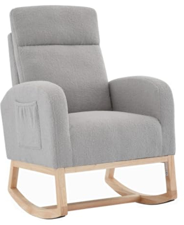 IDEALHOUSE Nursery Rocking Chair, Upholstered Glider Rocker with High Back & Side Pocket, Comfy Nursing Chair for Breastfeeding, Padded Nursery Armchair for Baby Room, Bedroom & Living Room,