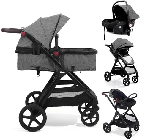 Sekey Kombi Kinderwagen Baby 3 in 1 Komplettset mit Regenschutz und Moskitonetz, Kinderwagen mit Liegefunktion bis 25kg, 0 bis 4 Jahre, 4-Rad-Federung, 5 Punkt-Gurt mit Reflektor, BW600, Grau/Schwarz