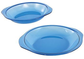 AGLAS Set of 2 Blue Tempered Glass Oven Dish, Round Baking Dishes with Handle, High Resistance, 1.2L+1.1L