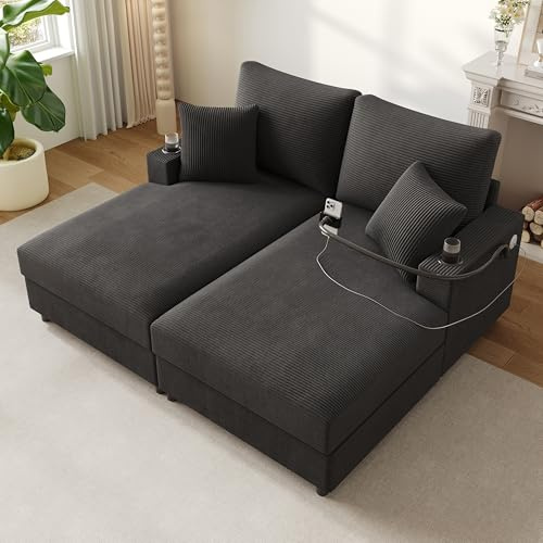 DUlVBPE XXL-dubbelbäddsoffa med sovfunktion, vadderad liggyta, mobiltelefonhållare, USB-port och mugghållare. Lämplig för vardagsrum, sovrum eller hemmabio. Grå