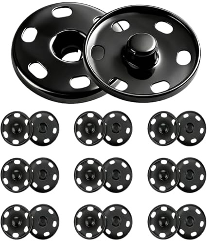 Poppers Fasteners, 10 Pcs 25mm Large Press Studs Snap Fasteners for Clothing, Jackets Coats Bags & DIY Crafts, Heavy Duty Black Metal Sew-On Fastener Snaps, Rustproof
