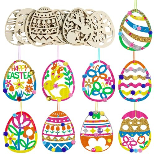 Oster Basteln,18 Stück Holzanhänger Ostern zum Bemalen,Ostereier zum Aufhängen,Osterdeko Basteln,Holz Ostereier zum Bemalen,Bastelset Ostern mit Pompons, Deko Schnur, Strass, aufkleber