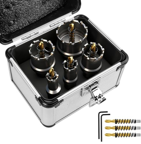 GPtzlei Kit Sierra Perforadora TCT 5 Piezas 16-45mm para Metal | 3 brocas piloto, 2 llaves hexagonales, maletín, dientes de carburo, acero inoxidable hierro aluminio chapa tubo