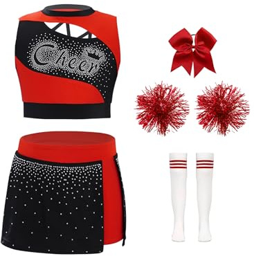 Sinleey Cheerleading Mädchen Kostüm Karneval Cheer Leader Kinder Top Ärmellose mit Rock Glitzer Tanzkleid Outfits Set Halloween Faschingskostüme F Rot 158-164