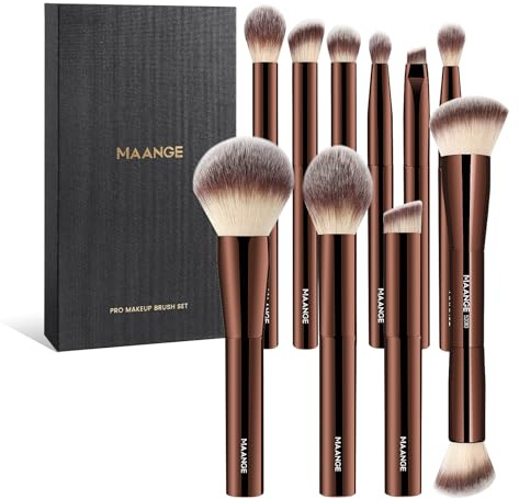 10 Pcs MAANGE Makeup Brush Set with Magnetic case, Premium Synthetic Short Handle Makeup Brushes for Foundation, Powder, Concealer, Eye Shadows, CoffeeBrown