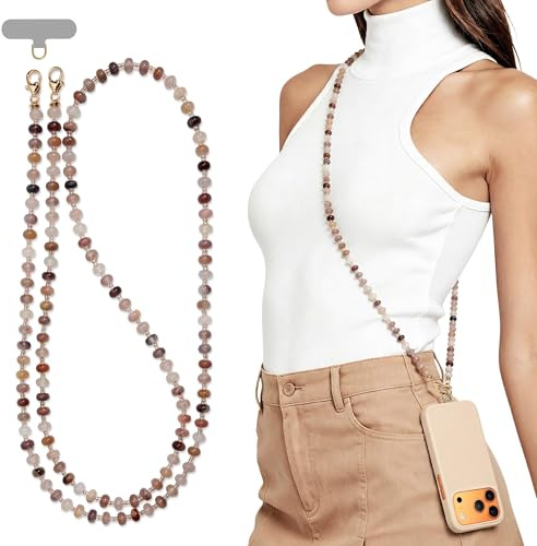 POSADINA Natural Stone Crossbody Phone Lanyard, Real Crystal Beaded Cell Phone Chain for Women, Hands-Free Shoulder Strap with Tether Tab, Durable Anti-Loss Cord