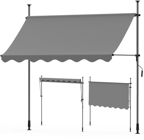 Huracan Toldo de sujeción de 250 x 120 cm, altura ajustable, toldo para balcón con manivela, resistente a los rayos UV, protección solar y resistente al agua, toldo para balcón, toldo sin agujeros