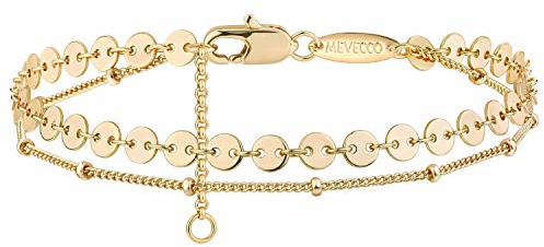 MEVECCO Dainty Layered Gold Bracelets for Women 14K Plated Cute Tiny Disc Satellite Chain Bracelet