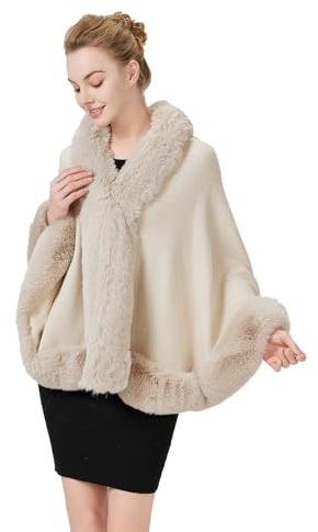 BEAUTELICATE Donna Poncho Mantella Maglia Invernale Stola Scialle in Pelliccia Sintetica Coprispalle Bolero Elegante per Sposa Matrimonio Festa,Beige