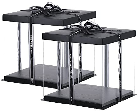XININSUN 2Pcs Large Cake PET Clear Box, 10 X 10 X 9 with ribbon and pre-folded lid, for 8 cake packing carry, baking cookie display, Carry Tall Layer Gift, Festive Gift Box -Black