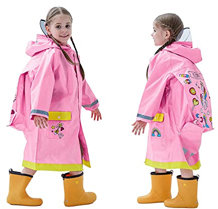 Baogaier Niños Chubasqueros Lluvia Chaquetas Impermeables Poncho Traje de Charco Capa Infantil Niñas Encapuchado Mono Bolsillo Reflectante Abrigos Impermeables Niñitas Chica 8-12 años Rosa Unicornio