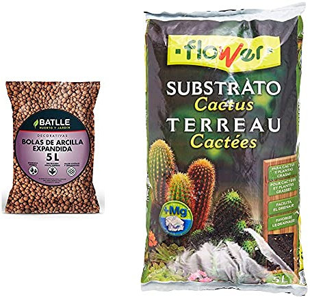Sustratos - Bolas Arcilla Expandida 5L - Semillas Batlle + Flower 80018 Substrato Cactus 5L, Marrón, 23X4X40 Cm