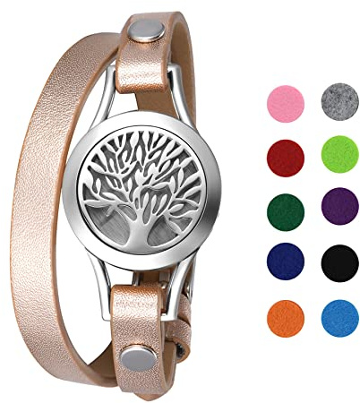 Flongo Bracelet Diffuseur d'Huiles Essentielles,Bracelet Femme Cuir Arbre de Vie Aromatherapie avec 10 Pièces en Feutre Bracelet Parfum Olfactif Fantaisie - Cadeaux d'Anniversaire Fête des Mères