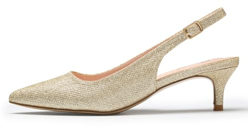 GENSHUO Zapatos de Vestir Elegantes y Cómodos con Correa al Tobillo y Tacón de Gatito para Mujer, Brillo Dorado, 39 EU