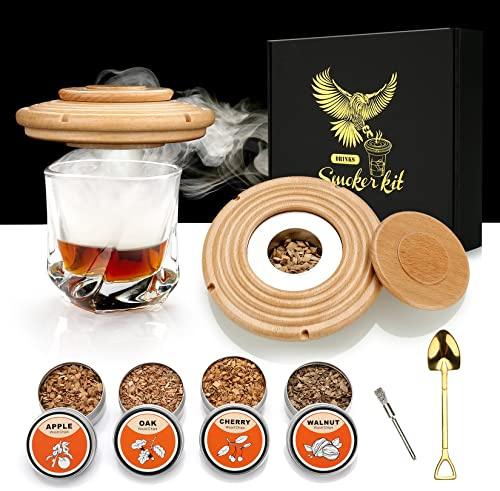 Cocktail Smoker Kit with 4 Wood Chips, Old Fashioned Whiskey Smoker Drinks Kit, Whisky Smoker for Cocktails, Wine, Whiskey, Bourbon, Husband, Dad - Beech